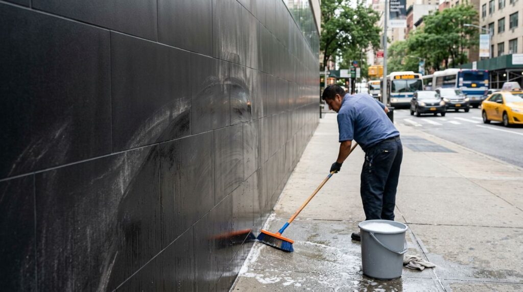 Homem limpando mural em parede urbana