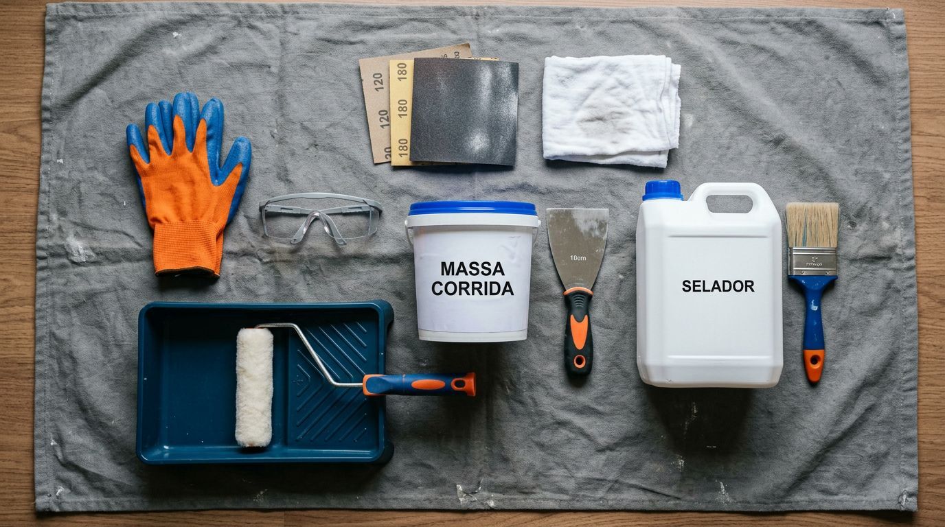 Materiais de pintura e reforma dispostos sobre uma superfície.