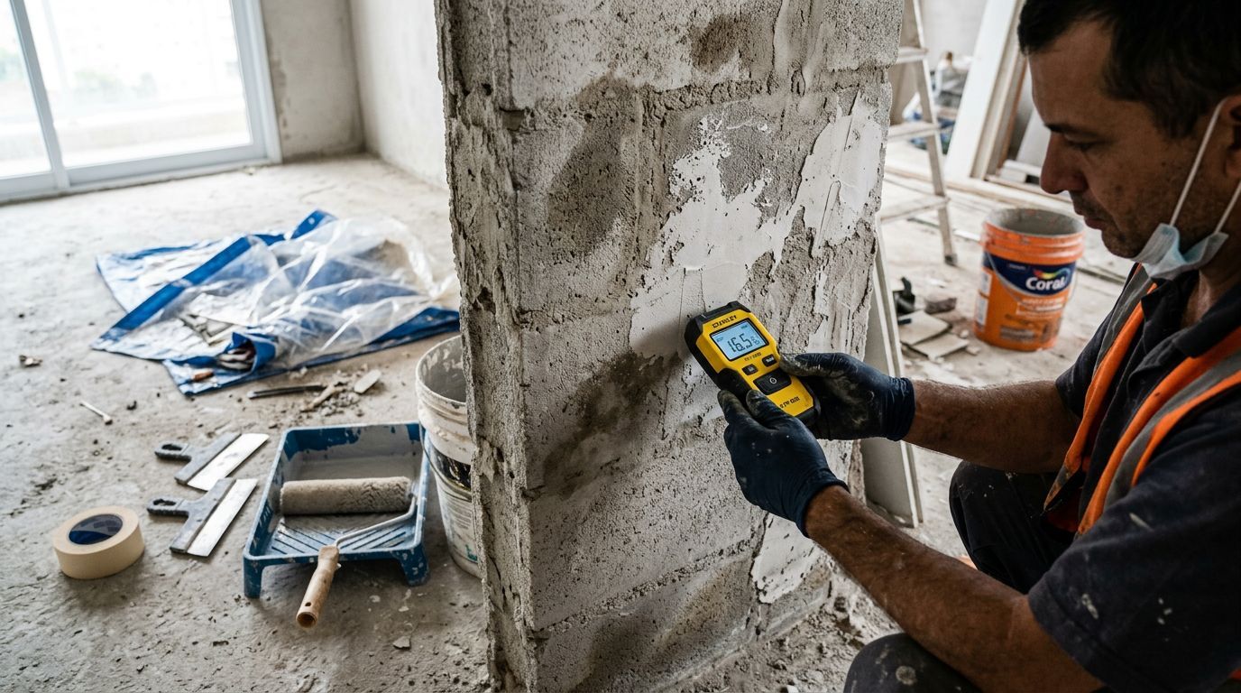 Profissional medindo umidade em parede de alvenaria.
