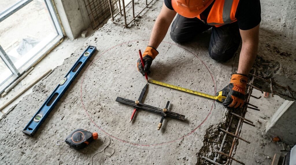 Profissional medindo e marcando concreto na construção