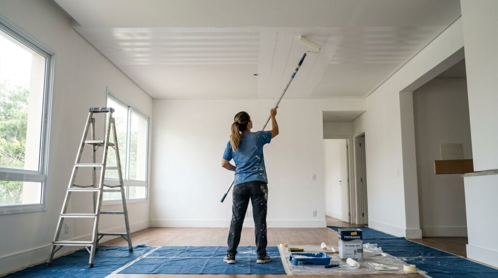 Mulher pintando teto de sala com rolo de pintura.