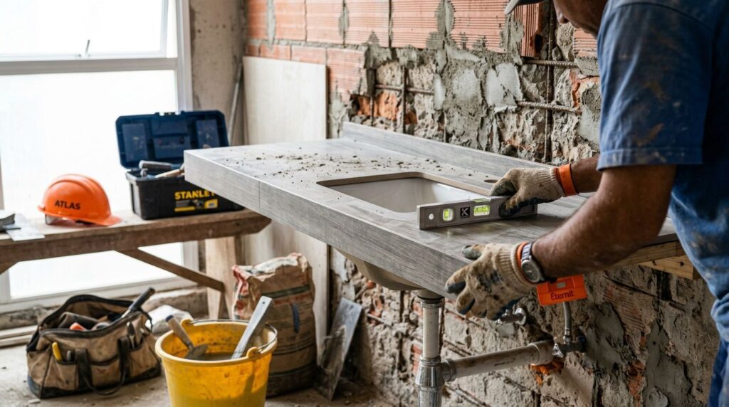 Homem utilizando nível em bancada de construção