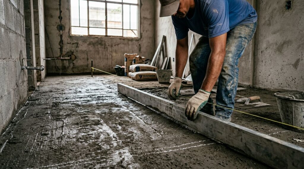 Homem nivelando piso de concreto em construção