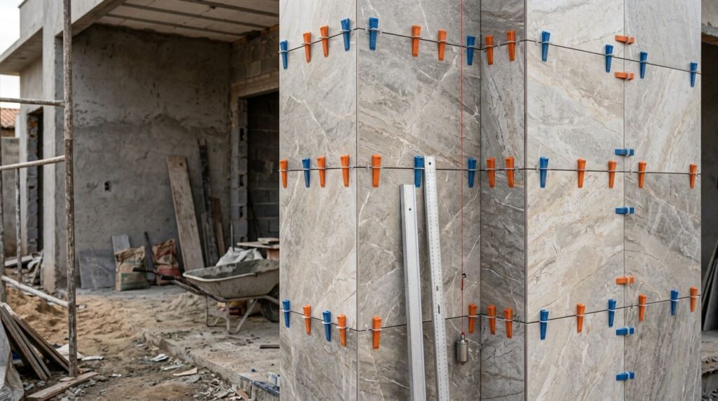Obra com cerâmicas sendo instaladas em coluna