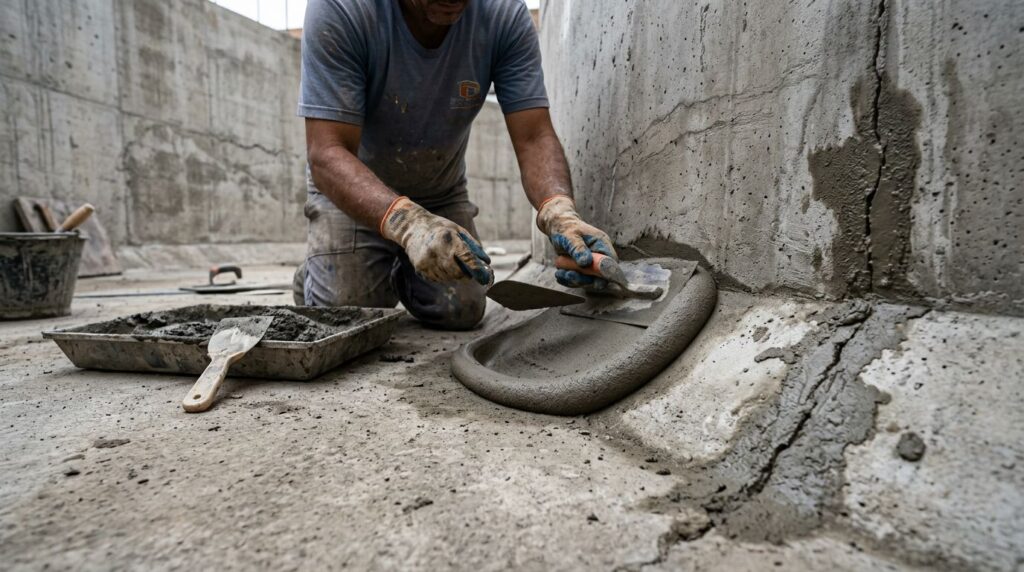 Pedreiro aplicando cimento em obra