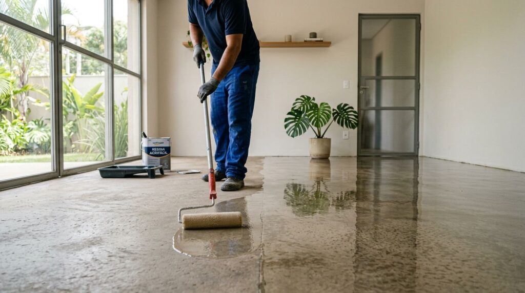 Pintor aplicando resina em piso de concreto