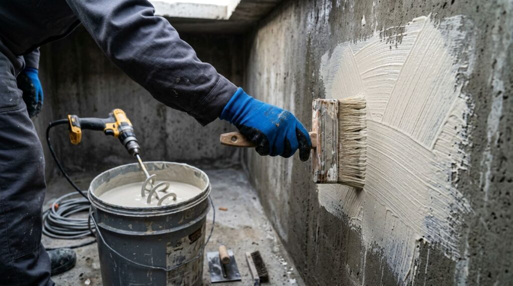 Pintor aplicando revestimento em parede de concreto