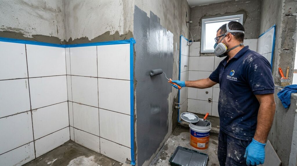 Pintor aplicando tinta em parede de banheiro reformado