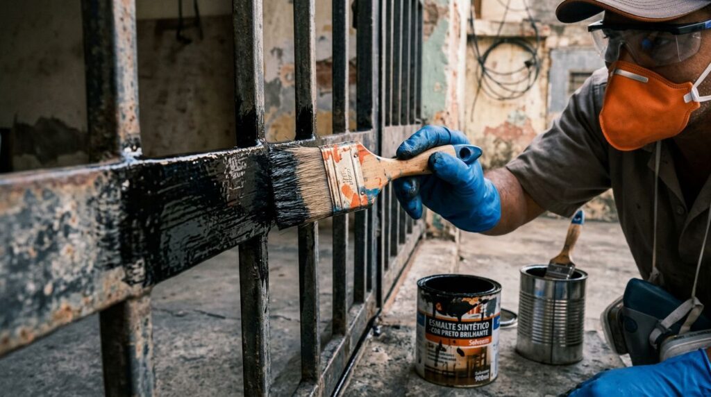 Pintor aplicando tinta em grade metálica