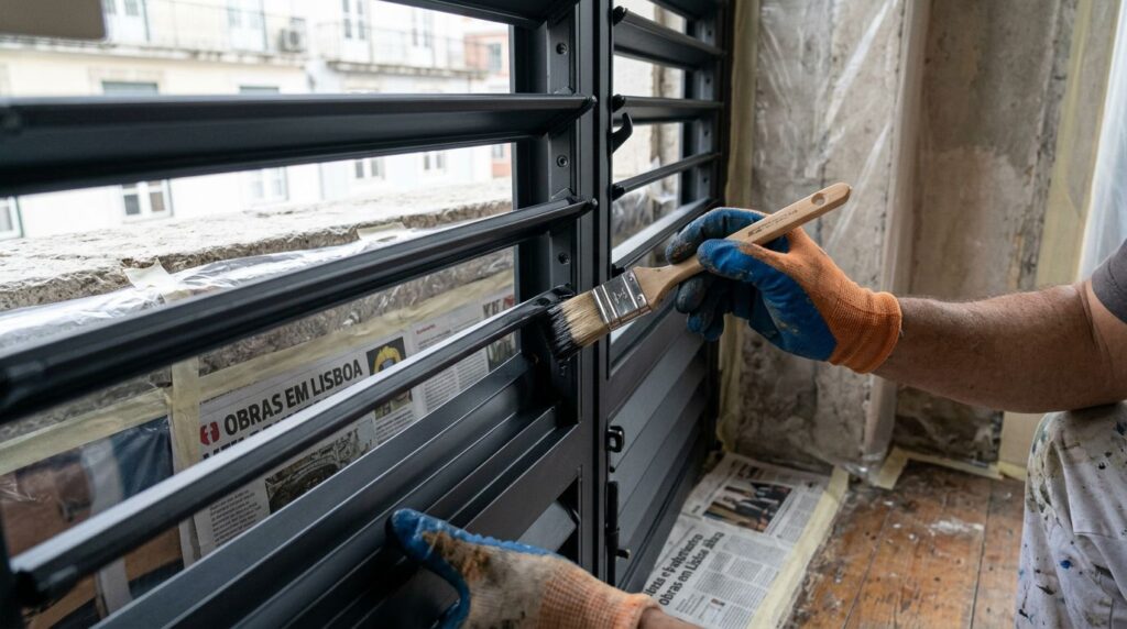 Pintor aplicando tinta em janelas em Lisboa