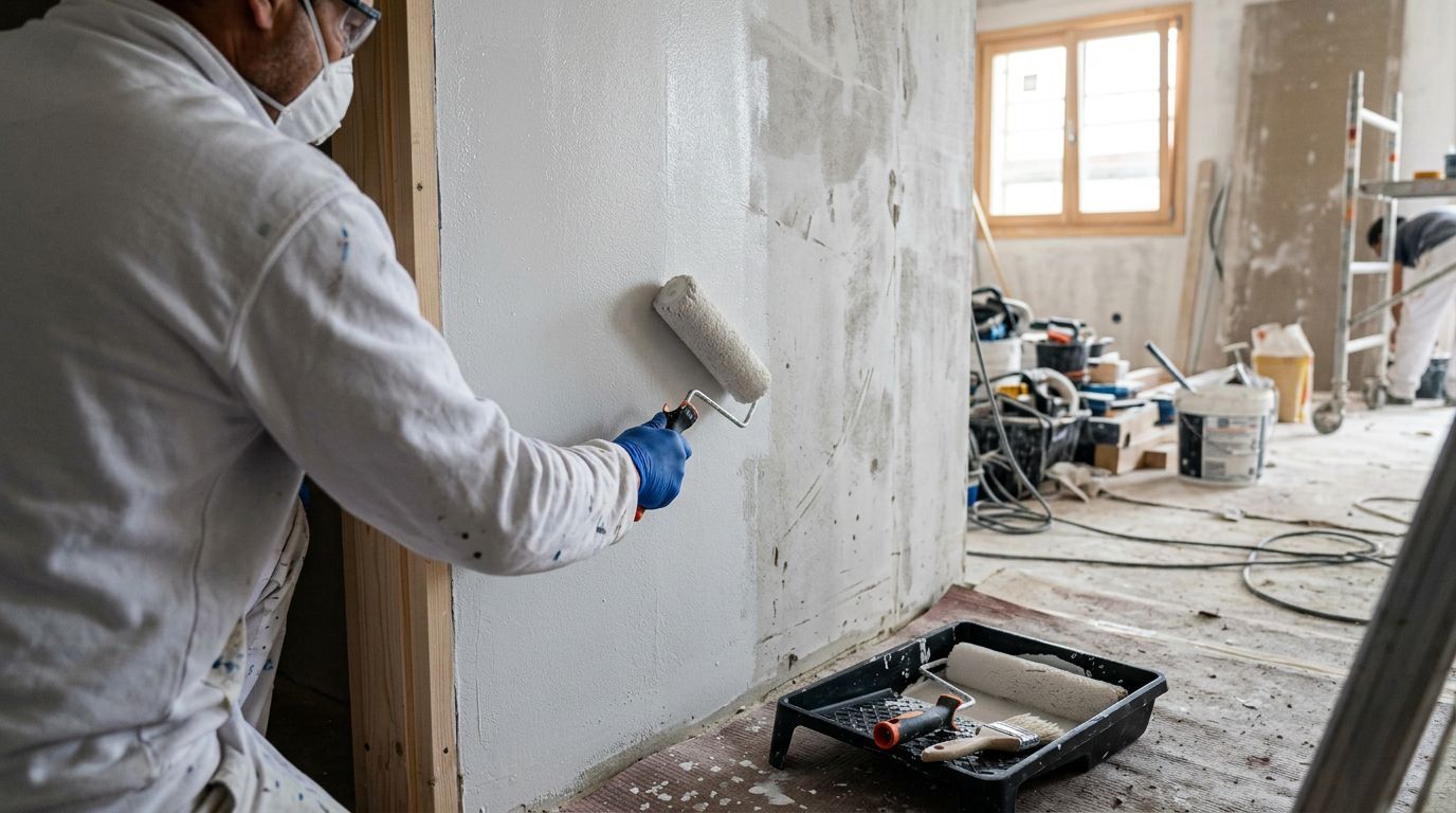 Pintor aplicando tinta com rolo em parede interna