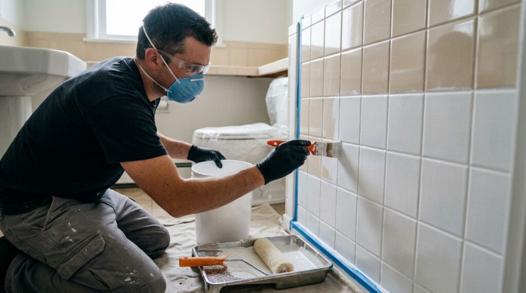 Homem pintando azulejos de banheiro com rolo