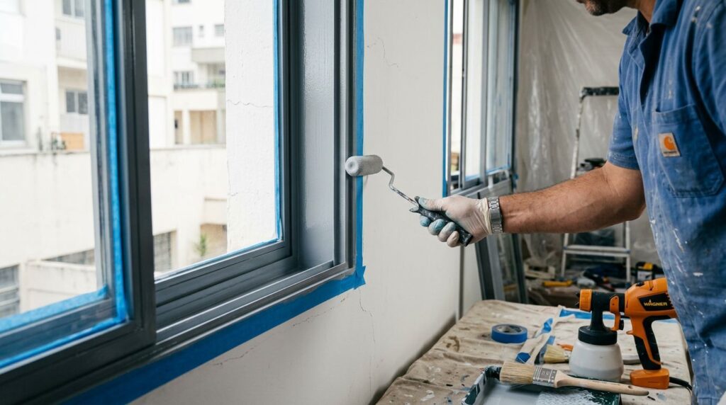 Homem pintando parede com rolo em ambiente interno
