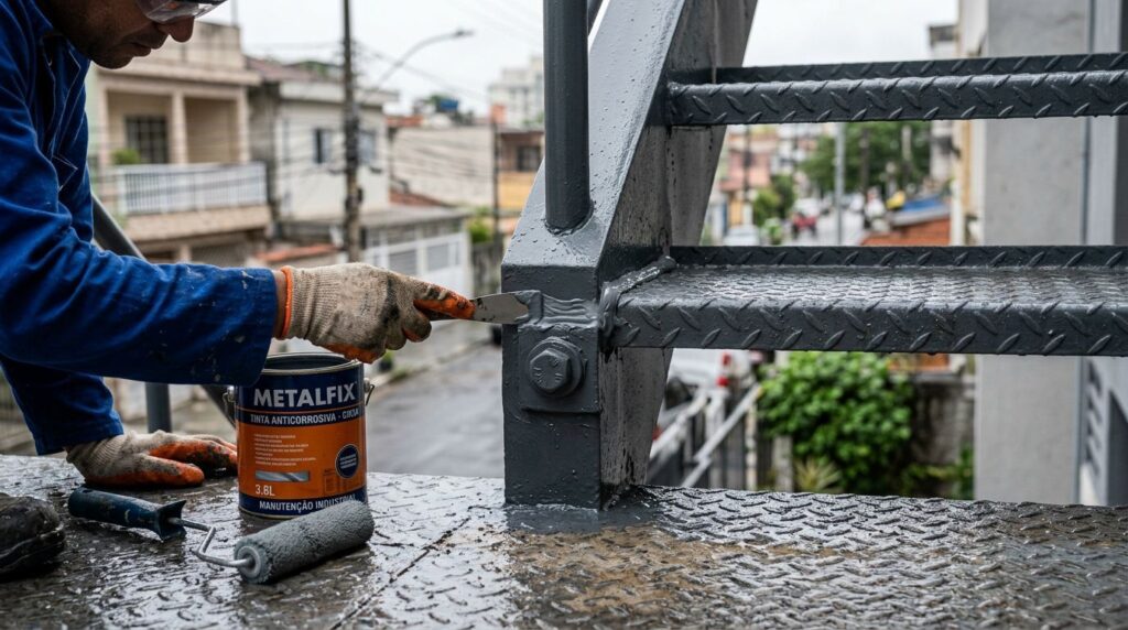Pintura de escada metálica em dia chuvoso