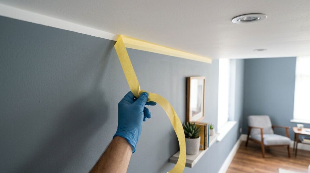 Pintura de parede com fita adesiva na cor amarela