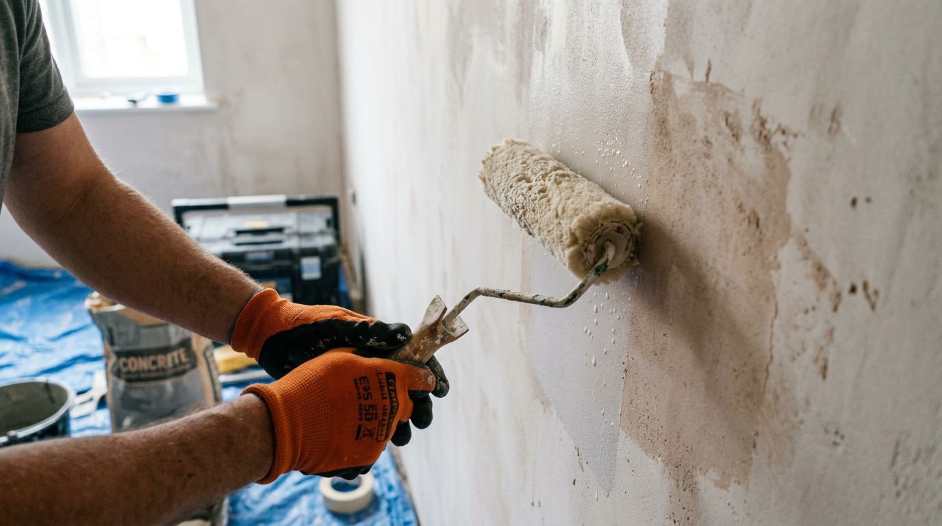 Pintura de parede com rolo e luvas de proteção