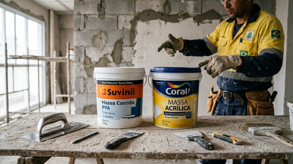 Profissional com tintas Suvinil e Coral em obra.
