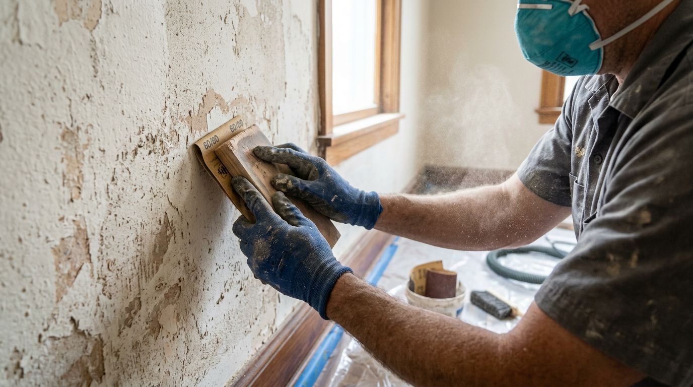 Profissional com máscara de proteção lixando parede interna para remover tinta antiga descascada