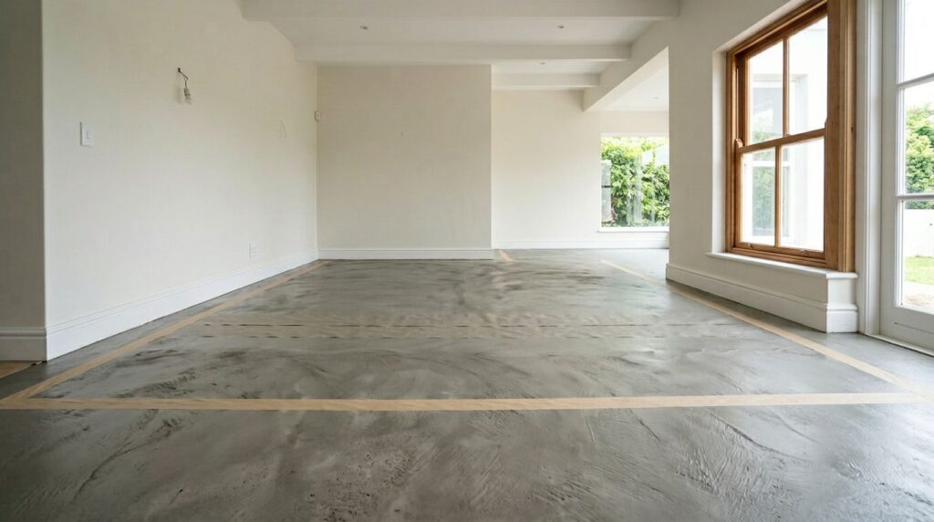 Sala ampla com piso de concreto e janelas grandes