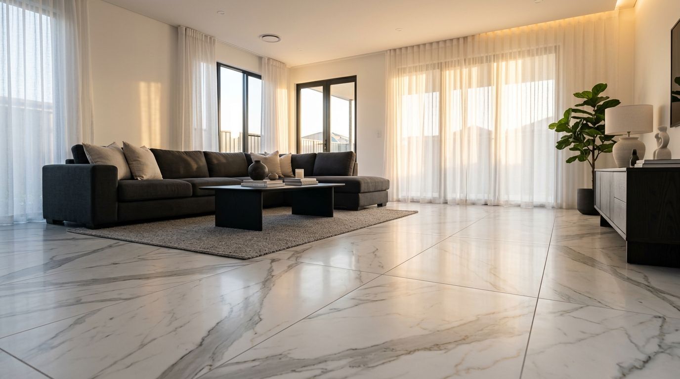 Sala de estar ampla com piso de porcelanato marmorizado branco e sofá em tom escuro