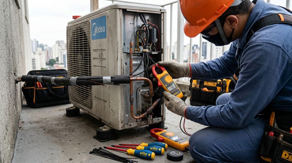Técnico verificando ar-condicionado na varanda