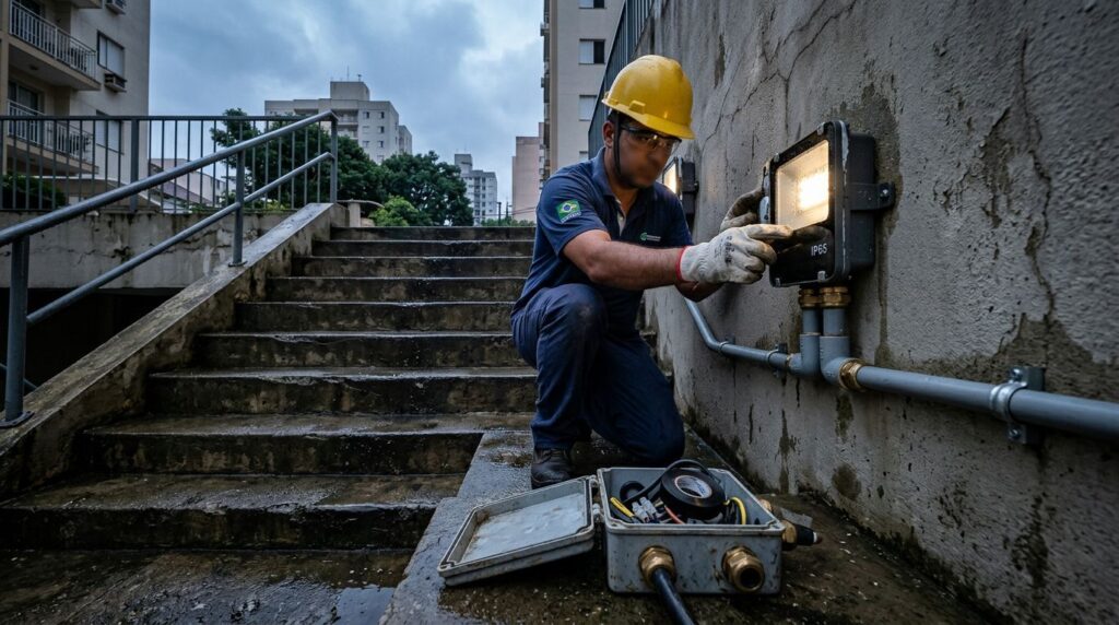 Técnico consertando medidor de água em prédio urbano.