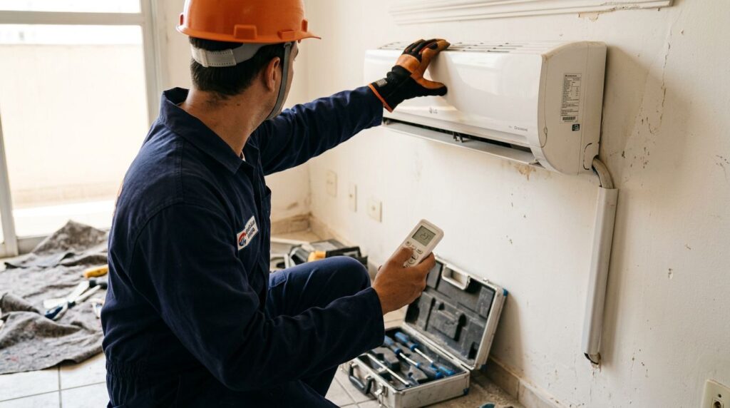 Técnico instalando ar-condicionado em ambiente interno