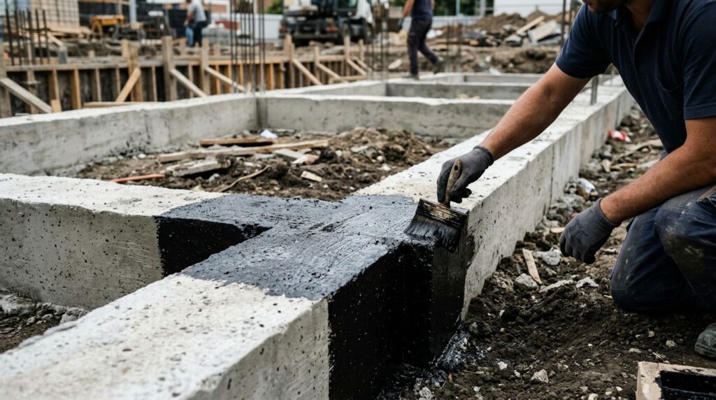 Trabalhador aplicando tinta em fundação de construção
