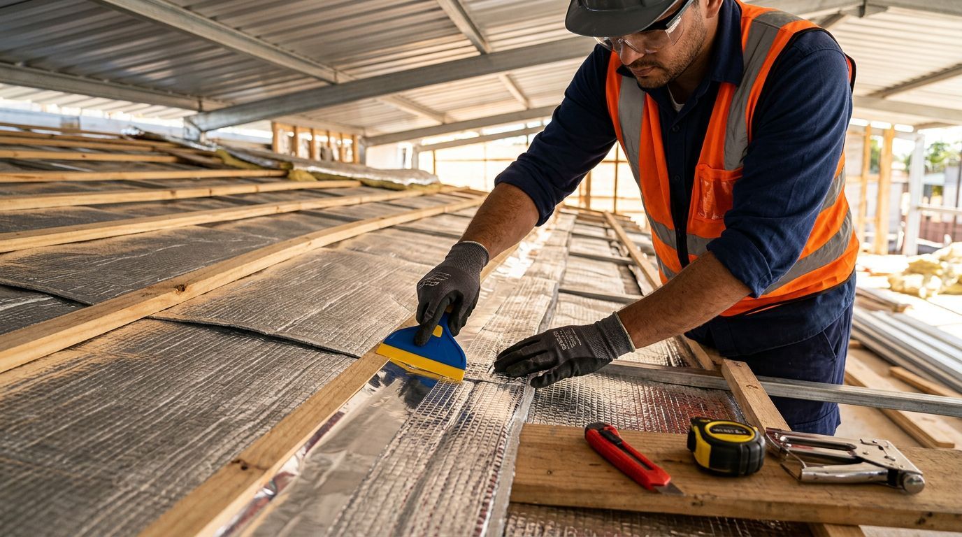Trabalhador aplicando material em construção civil.