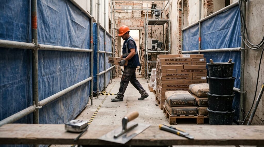 Trabalhador em obra transportando materiais