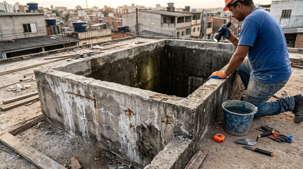 Trabalhador em obra civil, inspecionando buraco na laje.