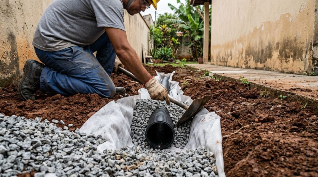 Trabalhador instalando tubo em canalização de drenagem