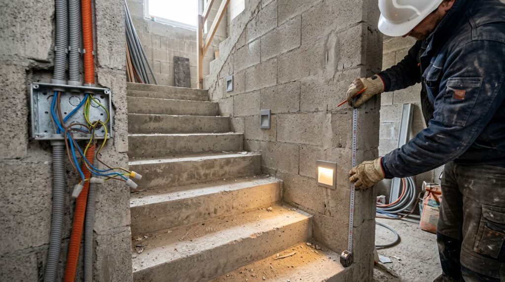 Trabalhador medindo escadas em construção