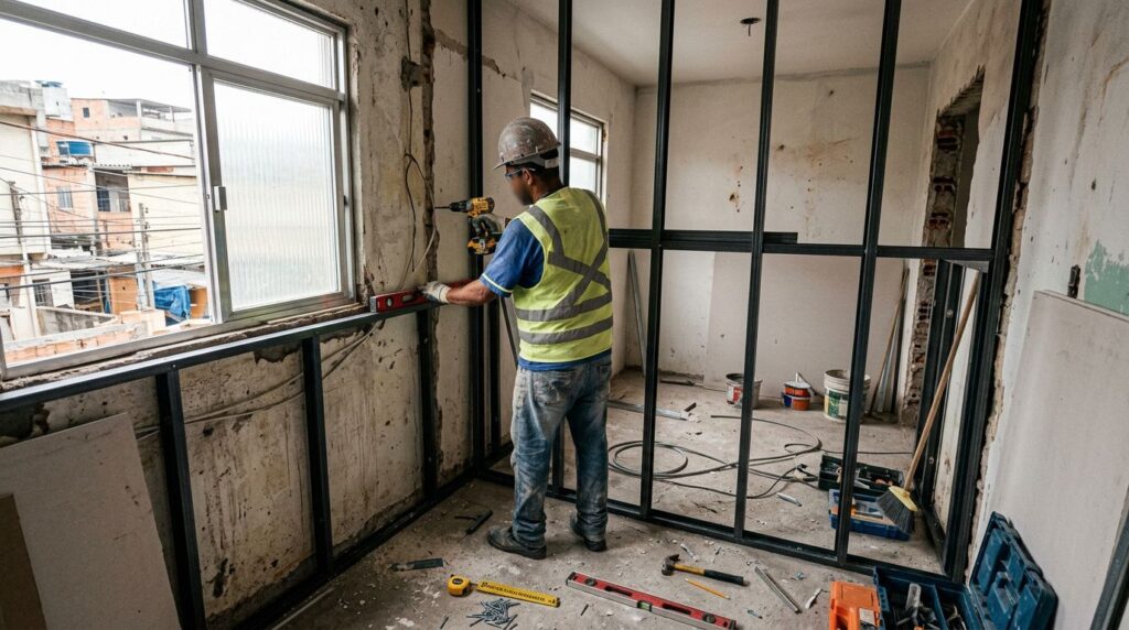 Trabalhador montando estrutura interna em obra