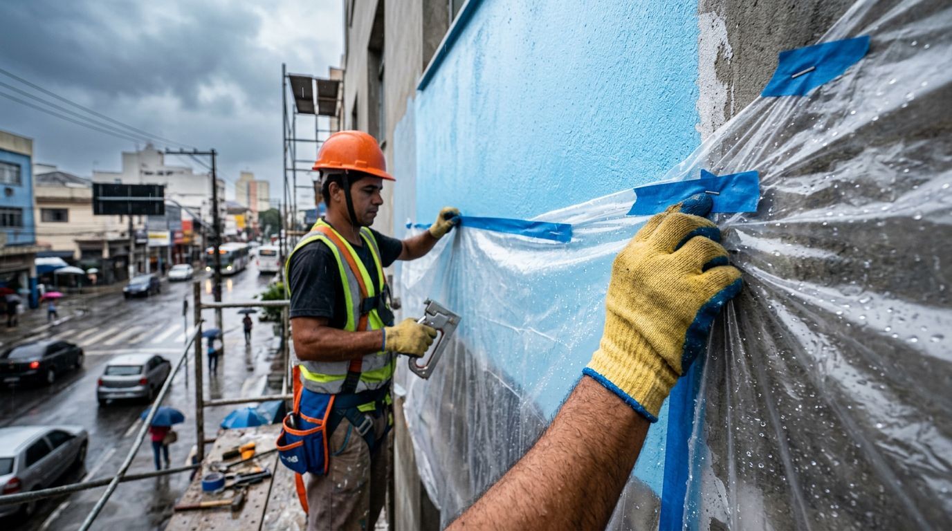 Trabalhador pintando parede em dia chuvoso
