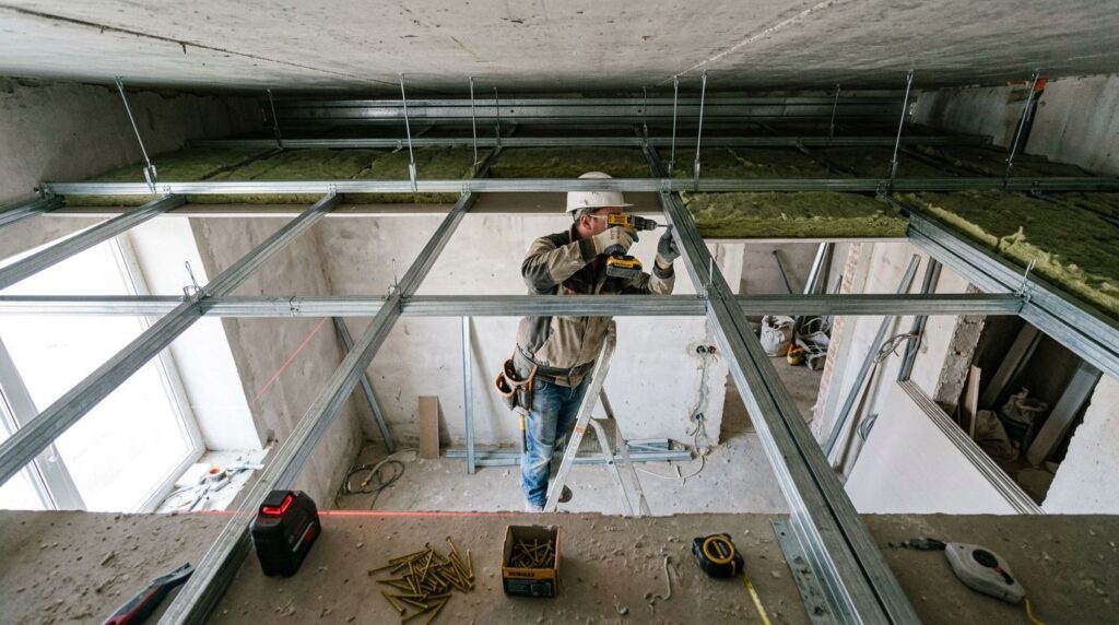 Trabalhador montando estrutura de drywall em obra.
