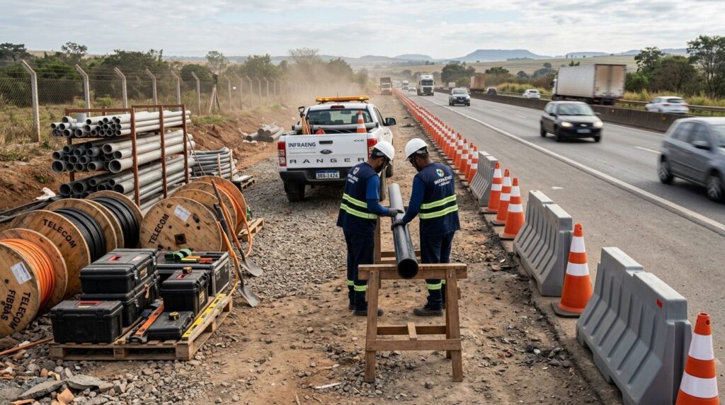 Trabalhadores em obra de instalação na rodovia