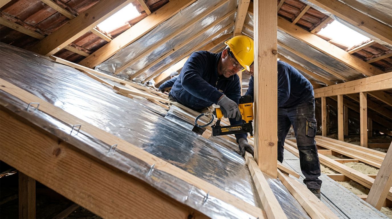 Trabalhadores instalando isolamento no telhado