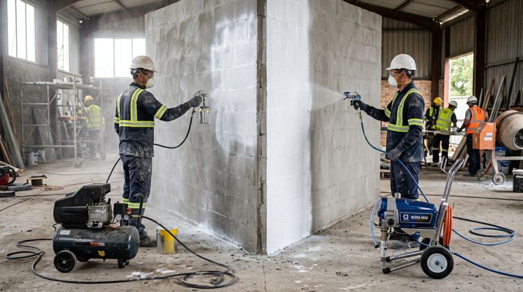 Trabalhadores pintando parede em obra