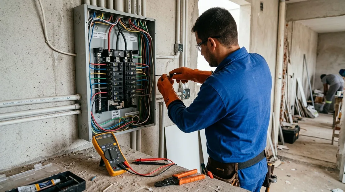 Eletricista com multímetro revisando os disjuntores de um quadro de distribuição em obra