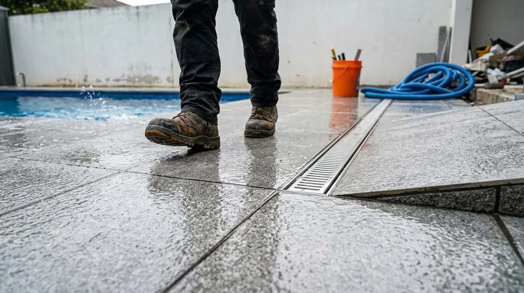 Homem caminhando em piso externo de piscina