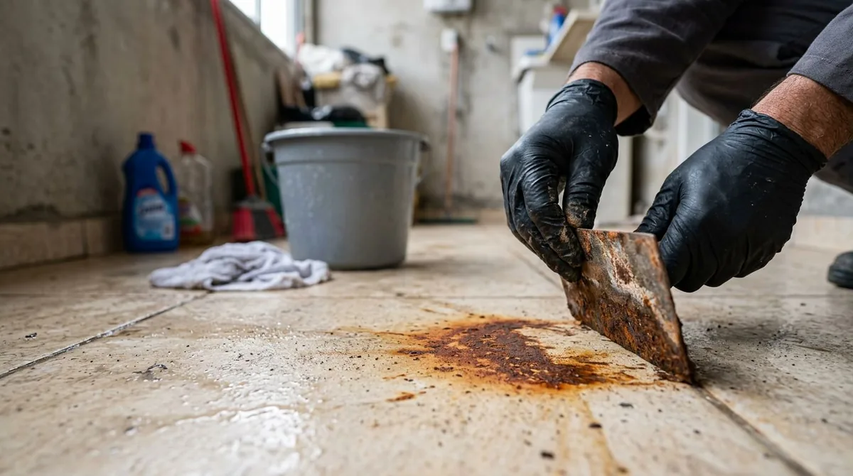 Mancha de ferrugem no piso cerâmico causada por chapa metálica oxidada em área de serviço