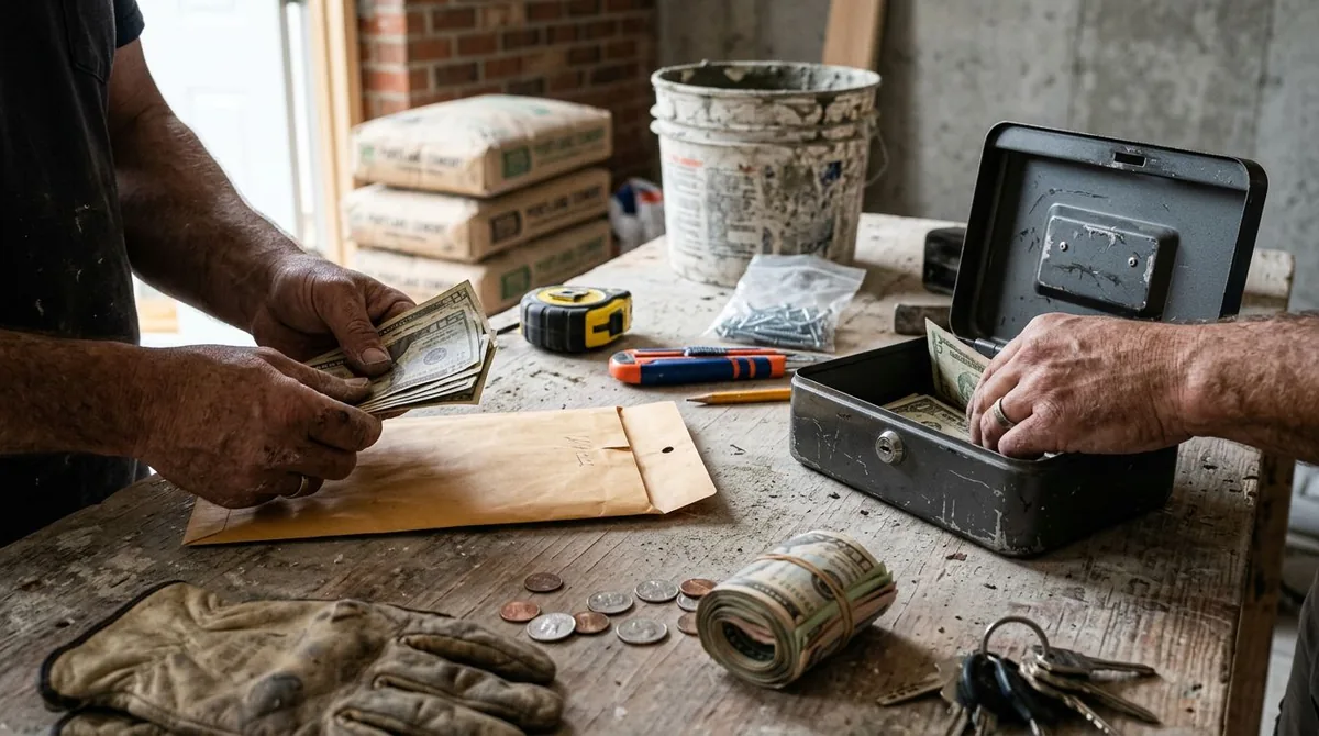 Mãos contando dinheiro sobre bancada de obra, com cofre, envelope e moedas, para o orçamento de materiais