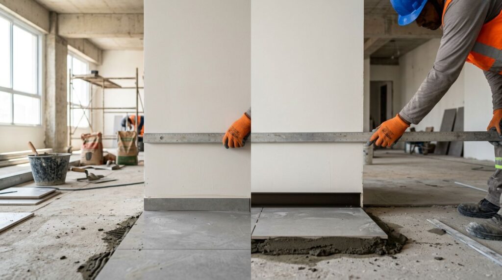 Profissional mede piso em construção com régua