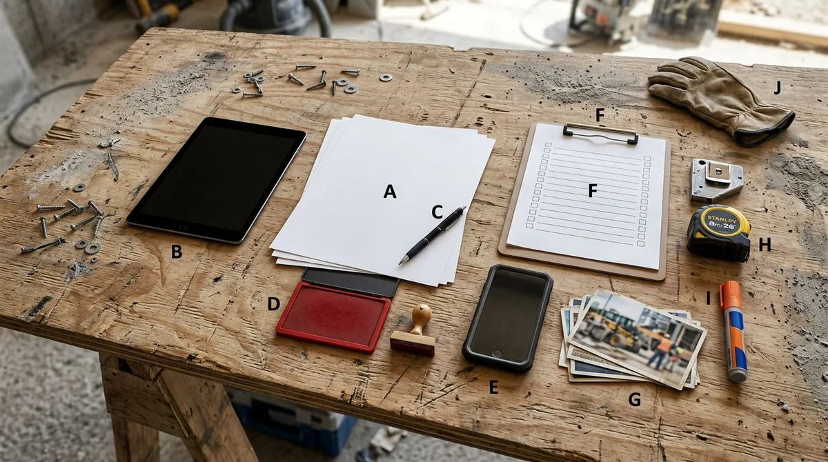 Mesa de obra com prancheta de checklist, tablet, trena, luva e fotos para registrar a manutenção preventiva