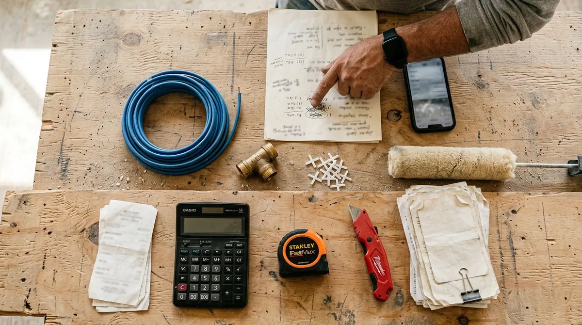 Mesa com calculadora, anotações de orçamento, fio, conexão, trena e notas para planejar a reforma