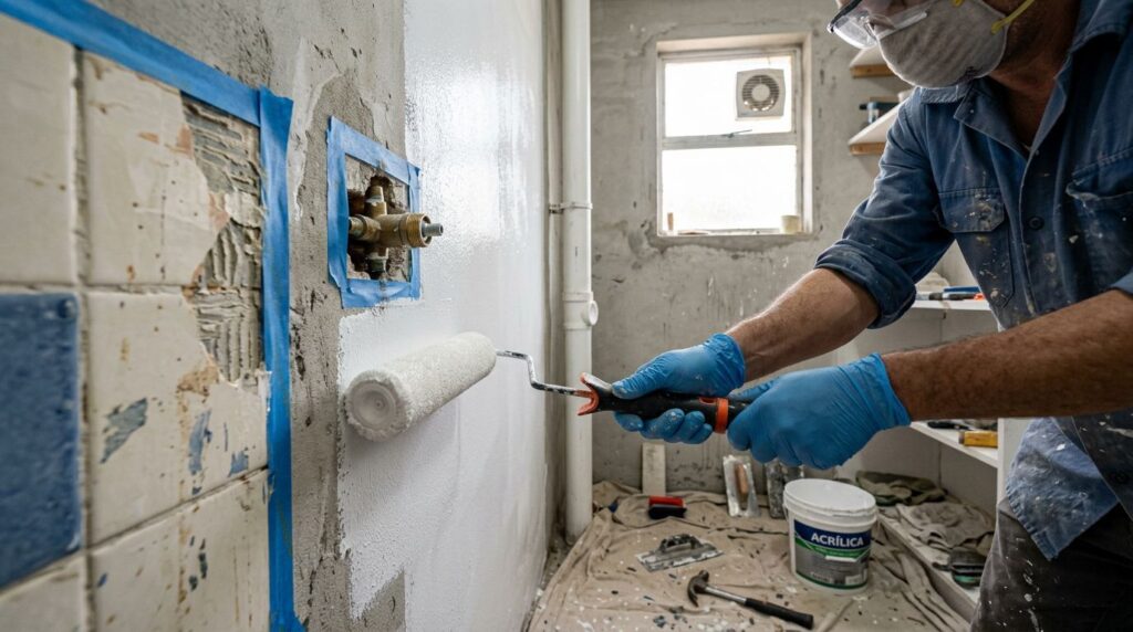 Pessoa pintando a parede de um banheiro