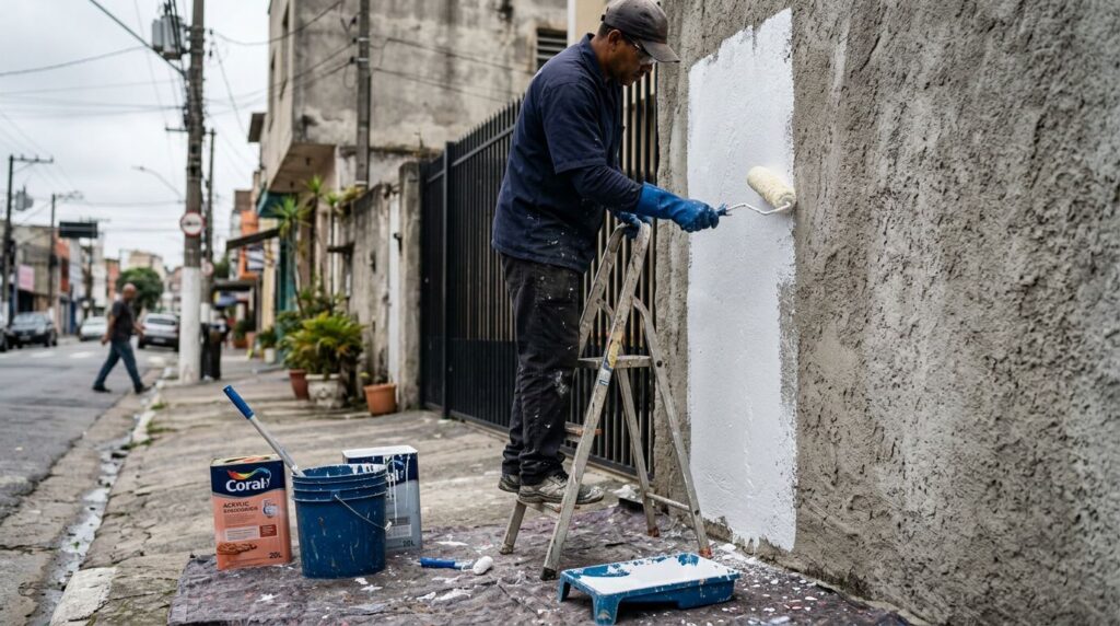 Pintor trabalhando em parede com tintas e ferramentas