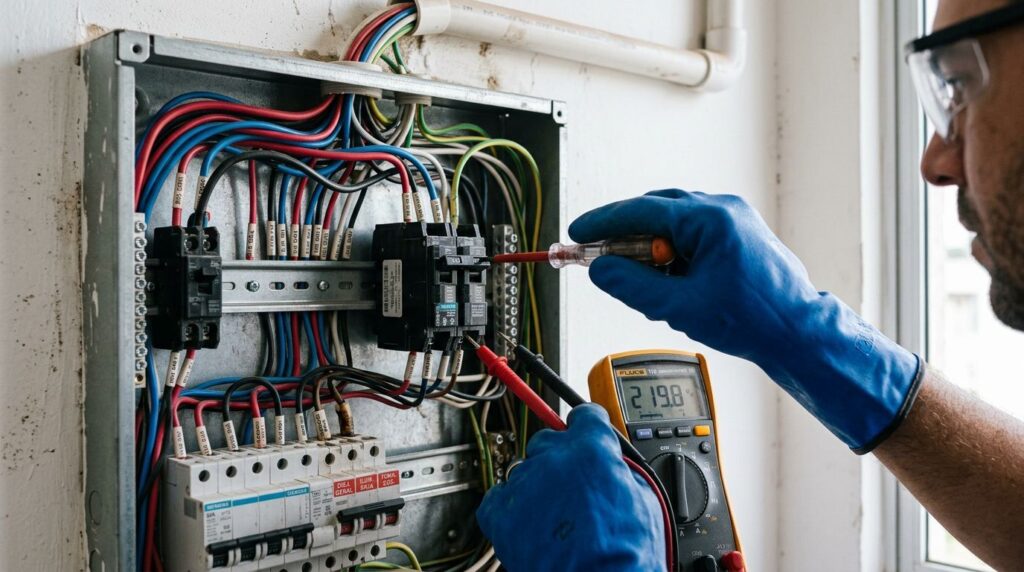 Técnico ajustando painel elétrico com multímetro.