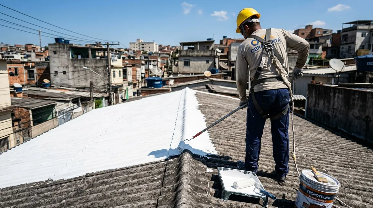 Profissional com cinto de segurança aplicando tinta térmica branca em telhado de fibrocimento